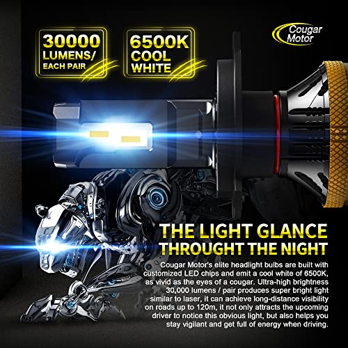 Cougar Motor Ultimate H4 Led Headlight Bulb, 30000Lm 120W High-Focus 9003 Extremely Bright 6500K Cool White Conversion Kit - Adjustable Beam, Halogen Replacement #TOP1