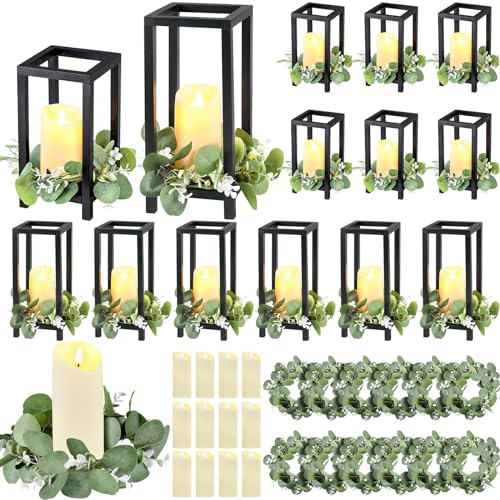 Geelin 12 Set 10.59'', 13'' Black Wooden Lanterns for Wedding Centerpieces Include 12 Wooden Lantern 12 LED Candle 12 Eucalyptus Leaves Wreath for Wedding Baby Shower Farmhouse Table Decor