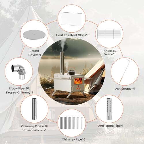 Wood Stove, Hot Tent Stove Camping Portable Stainless Steel Wood Burning Stove with 7 Chimney Pipes for Wall Tent Camping, Hunting, Heating, Cooking, Ice Fishing, Boiling Water - Medium - Image 5