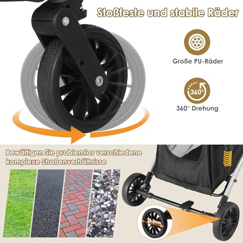 MAMIZO Hundebuggy 3 in1 Hundewagen Hundebox Transporttasche,Faltbar klappbar Katzenwagen,Bis 20kg,4 PCS 360° Verschleißfeste Gummiräder, Ablagekorb, Getränkehalter,für kleine Hunde Katz, Silber grau