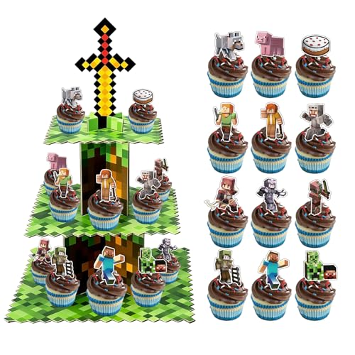 Pixel Cupcake Stand with 24 Pcs Cupcake Toppers, 3-Tier...