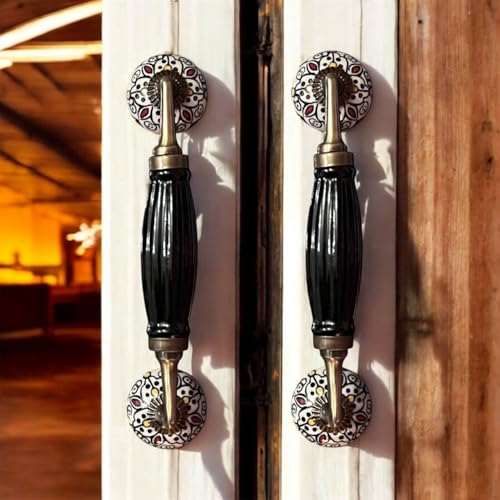 Image of Maison Belle Ceramic Door Handle Gold Antique Finish - (Size 8.5 Inch) - (Pack of 1 Handle) (Black Hand Painted - Hole to Hole 6.5 INCH)