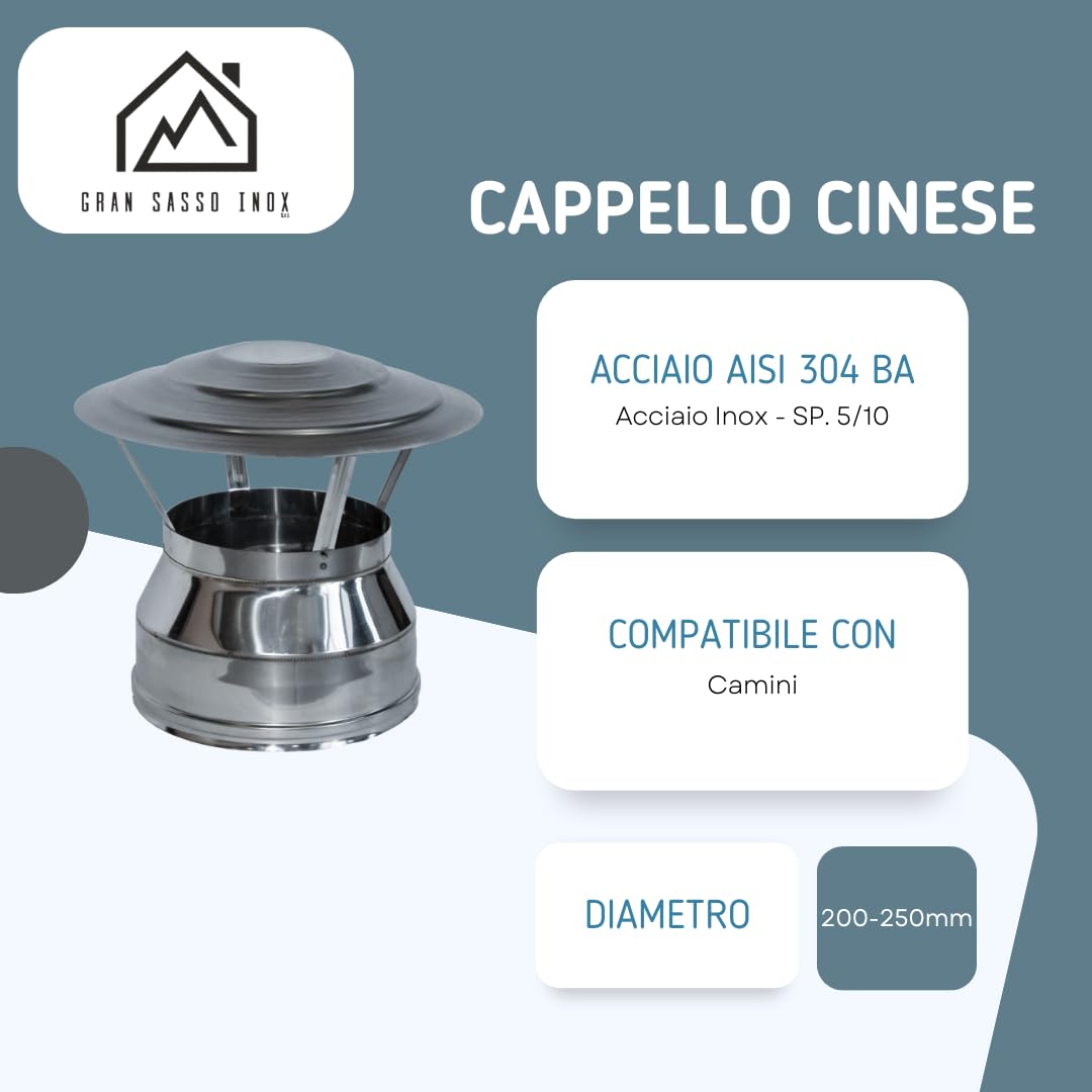 Comignolo Cappello Cinese Coibentato Doppia Parete in Lana di Roccia - in Acciaio Inox AISI 304 BA SP. 5/10 – per Camini (Ø200-250 mm)
