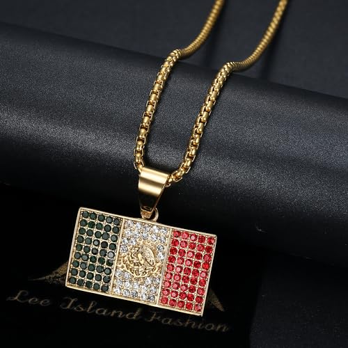 18K Gold Plated Mexico Flag Pendant Punk Rock Stainless Steel Necklace, 24 Inch Chain Hip Hop Jewelry Gift for Men Women2