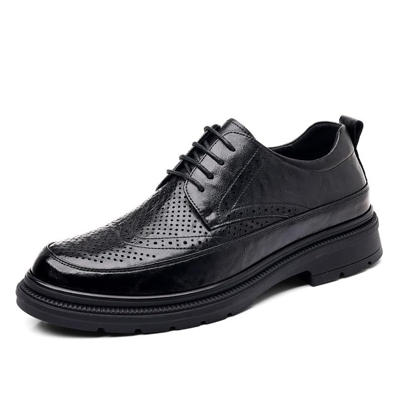 YZABEL Men's Leather Platform Lace Up Dress Oxford Shoes, Round Toe Breathable Hollow Business Casual Shoes, Soft-Soled Non-Slip for Formal and Everyday Wear