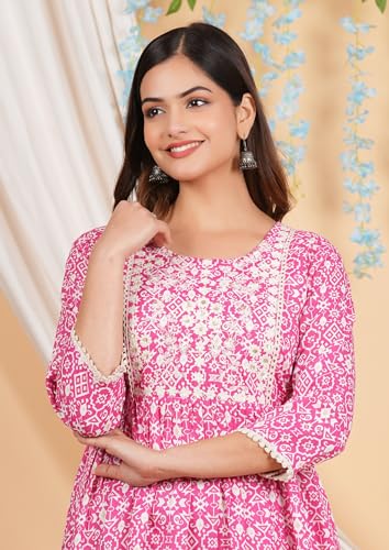 Image of purple sky Women's Cotton Blend Printed Anarkari Suit with Lucknowi Work on Neck