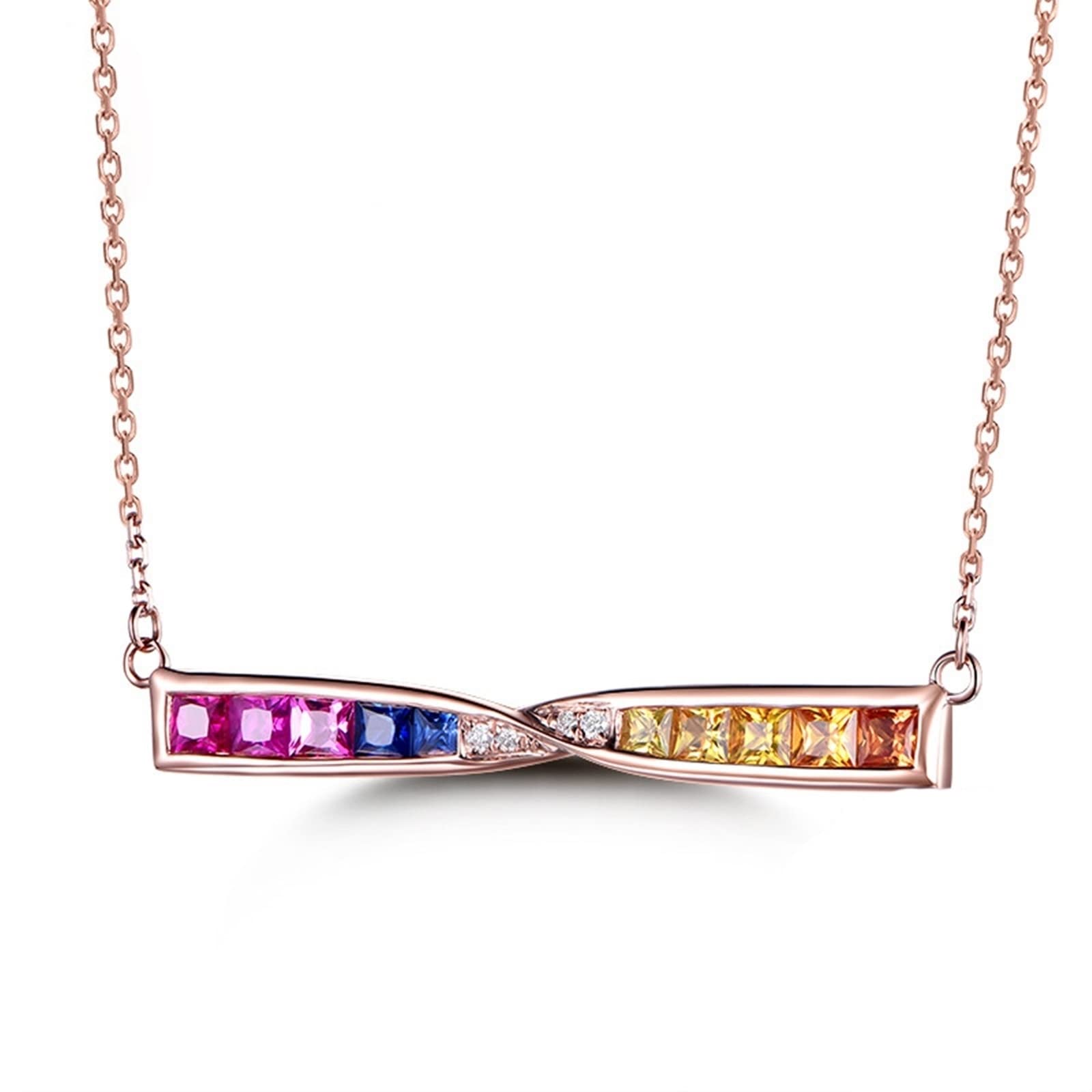 Collar de cadena de oro rosa para mujer, collar de piedra natal para niñas, lazo arcoíris con zafiro de 1,02 quilates, regalo cristiano de cumpleaños para mujer, Oro rosa de 18 quilates, Rubí Blue
