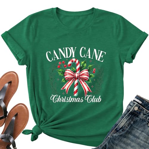 Candy Cane Christmas Club Shirts for Women - Xmas Bow Holiday Short Sleeve Festive Holly Tee Tops