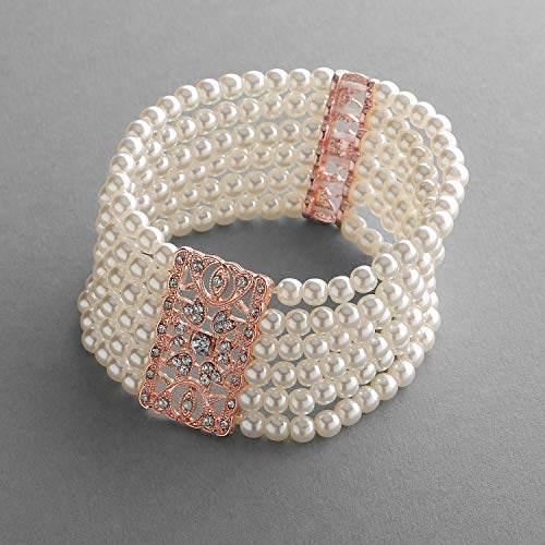 Mariell Ivory Pearl and 14K Rose Gold Plated Crystal Stretch Cuff Bracelet, Medium Size 6" to 7" Fits Most Wrists, Simulated Pearls, Vintage Design Bracelet For Brides, Weddings, Mother of the Bride3