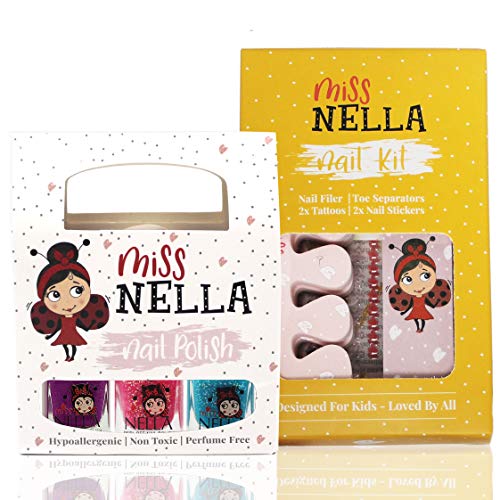 Miss Nella NAGELKIT & 3 NAGELPACKET- Nagelzubehör für Kinder- 3 abziehbare Nagellacke, Nagelaufkleber, Tattoos, Nagelfeile & Zehenspreizer- speziell gefertigt für Kinderhände,- und Füße.