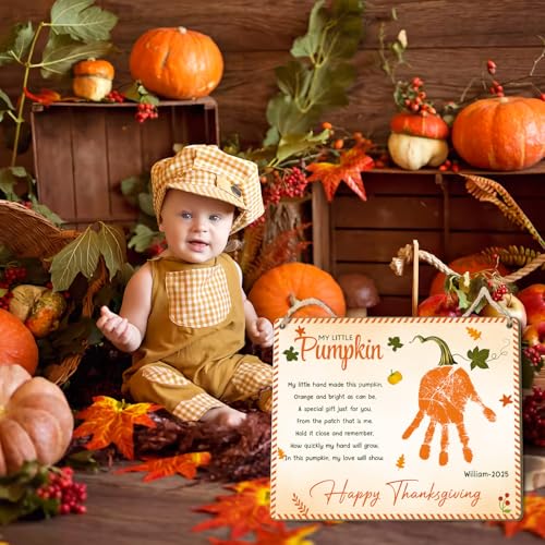 Image of DIY Personalized My Little Pumpkin Poem Handprint Art Sign Crafts, Pumpkin Kids Craft, Happy Thanksgiving Fall Autumn Art Project Memory Keepsake Infant Babies Toddler Preschool PreK Handprints Plaque