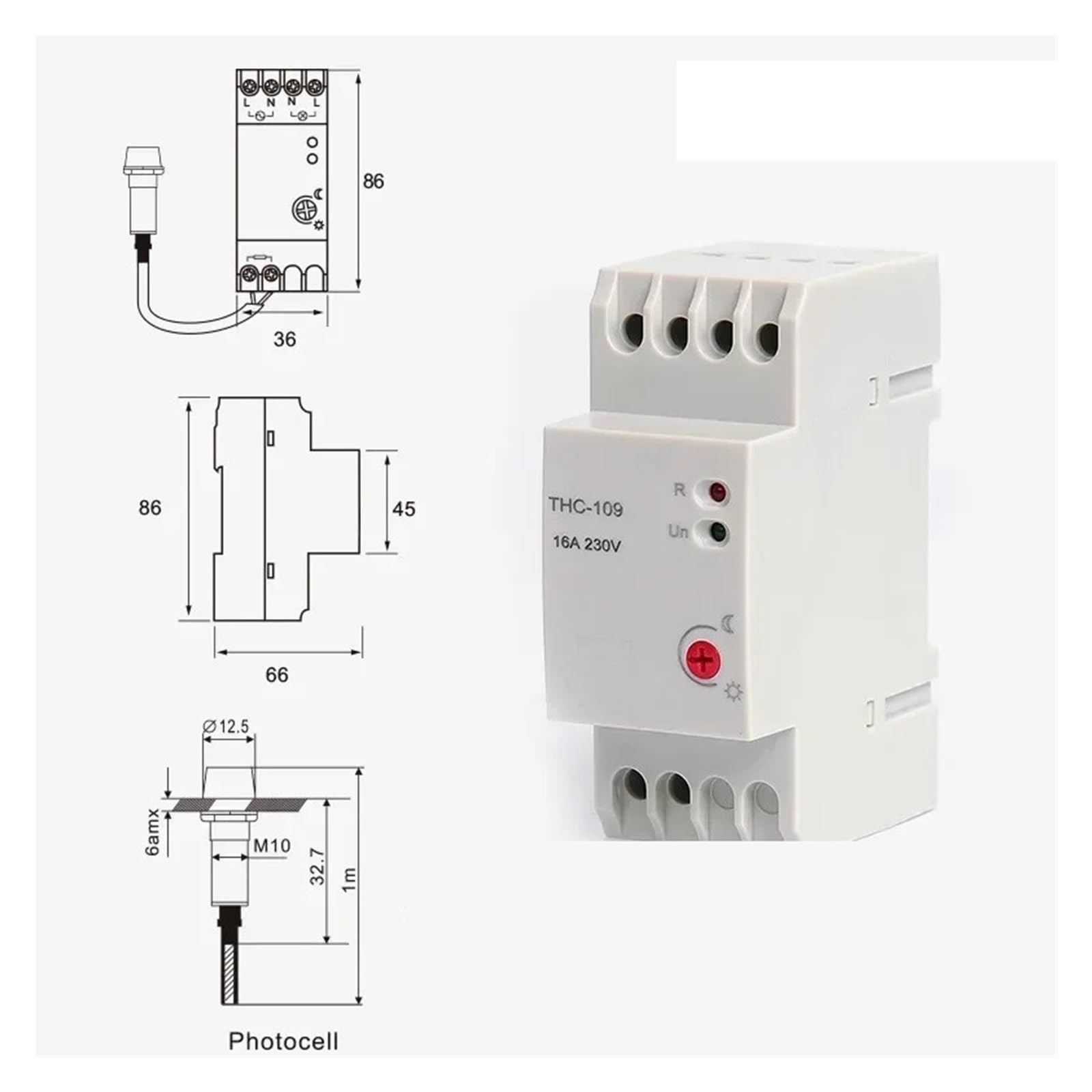 Interruptor Controlador de fotocélula de Encendido y Apagado con Sensor, 16 A, 25 A, CA, 220 V, riel DIN, Interruptor en T, 1 Unidad(THC-109B 16A)