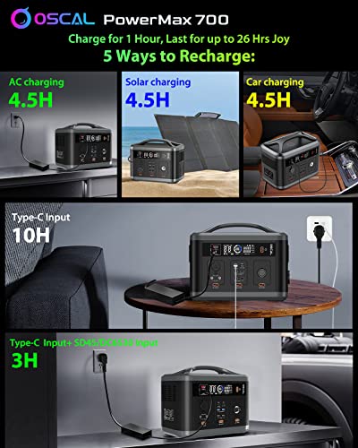 Portable Power Station 666Wh/700W (1400W Peak) OSCAL PowerMax 700 Power Multiple Devices Battery Backup Supply with AC Outlet 100W Type-C, Outdoor Solar Generator for Home Use/Camping/RVs/Off-Grid