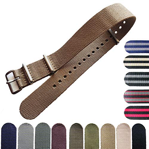 NATO G10 Ballistic Nylon Military watch band strap stripe USA Stock 16mm High Polished Satin Buckles (SATIN Buckles, Khaki-Brown)