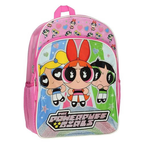 Fast Forward The Powerpuff Girls Backpack Blossom Buttercup Bubbles 16 Sparkly Bookbag with Adjustable Padded Straps