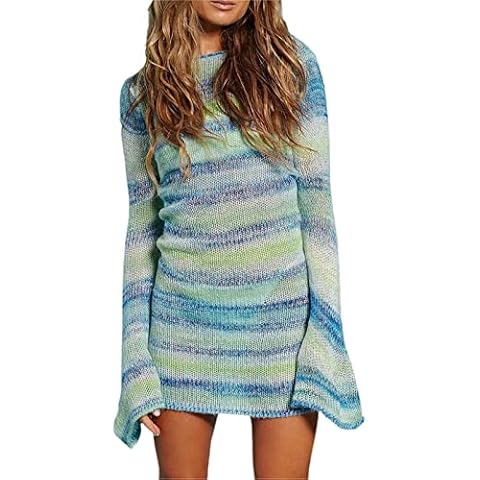 Women Crochet Knit Dress Hollow Out Swimsuit Cover Ups Low Cut Halter Beach Dresses Sundress, I Stripes Blue, Medium Cover