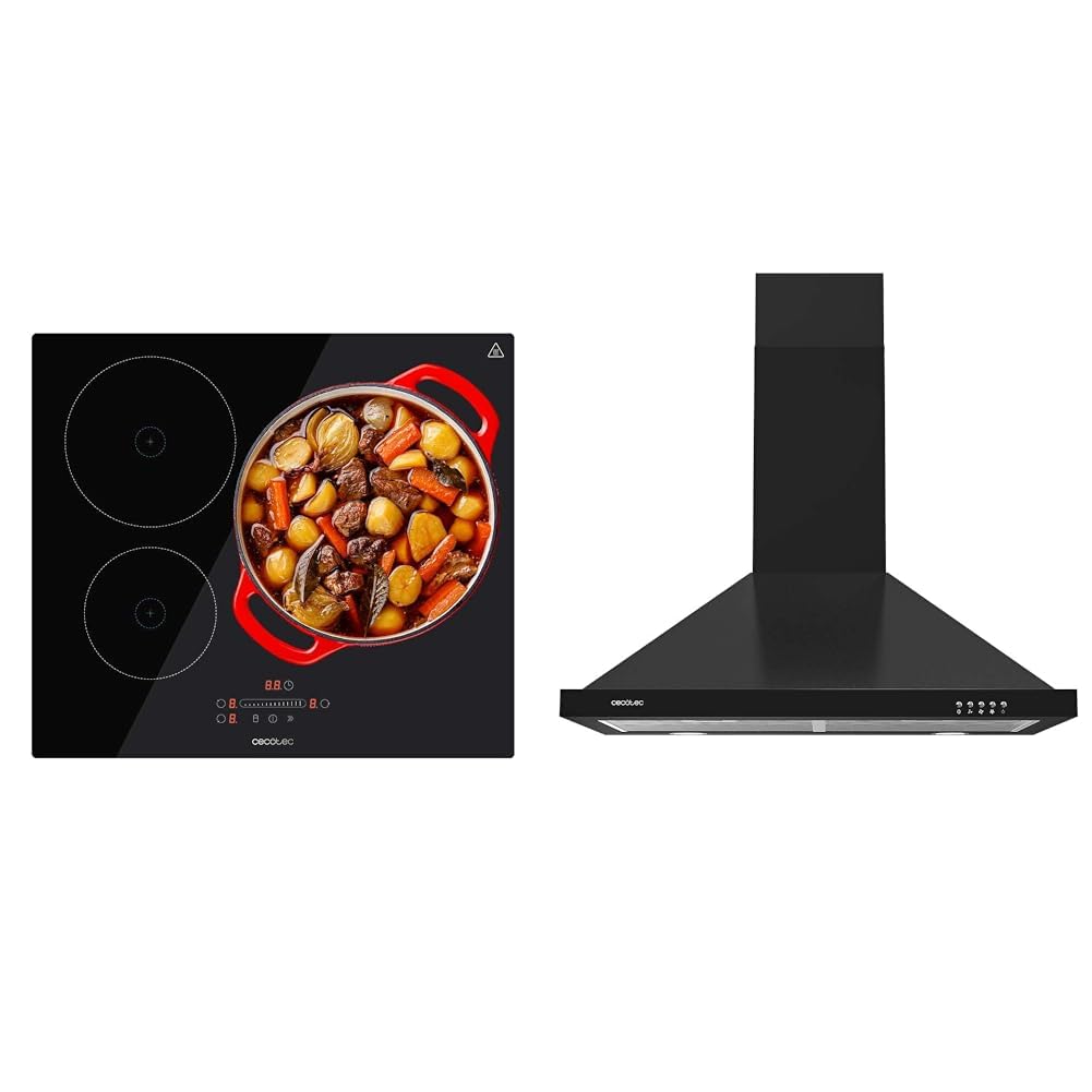 Cecotec Placa de Inducción 3 Fuegos Bolero Squad I 3001. Potencia Máxima 7400W en 9 Niveles & Campana Extractora Piramidal de 60cm Bolero Flux PM 604300 Black C. Motor 105W