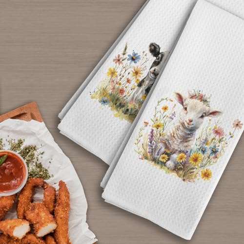 Sheep-Cow-Floral-Animals-Kitchen-Towels-Farmhouse-Country-Animals-Kitchen-Towels-Decorative-Set-Farm-Animal-Decor-Rustic-Sheep-Cow-Animal-Lover-Gifts-Hand-Dish-Tea-Towels-for-Kitchen-16x24In Sheep Cow Floral Animals Kitchen Towels Farmhouse Country Animals Kitchen Towels Decorative Set Farm Animal Decor Rustic Sheep Cow Animal Lover Gifts Hand Dish Tea Towels for Kitchen 16x24In