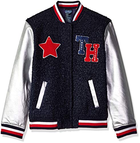 Tommy Hilfiger Girls' Adaptive Varsity Jacket with Magnetic Buttons and Sherpa, evening blue Medium