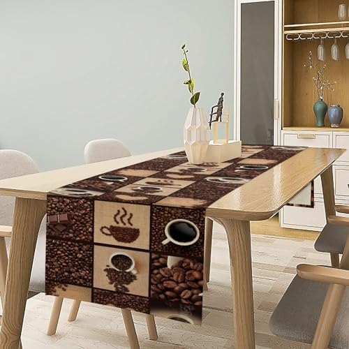Image of Coffee Print Table Runner - Non-Slip Rectangle Modern Art Abstract Heart Print for Dining Room, Kitchen, Living Room - 13x120 Inch