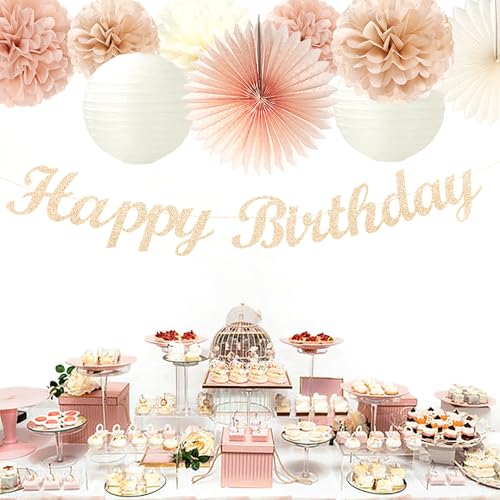 Image of Champagne Rose-Gold Beige Birthday Party-Decorations - 14pcs Happy Banner Boho Lanterns Tissue Pom Poms,Rustic Streamers Garland Fans,Neutral One Sweet Peach Girls Women Hanging Supplies Decor Hugfond