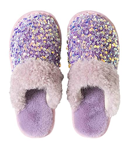 Women Fashion Sequins Plush Slippers Cozy Non-slip Home Slippers Thick Warm Memory Foam House Shoes for Women Girls