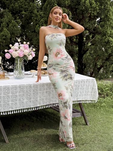 Image of HTZMO Women Formal Wedding Guest Cocktail Fall Bodycon Maxi Dress | Halter Neck Elegant Long Dresses, Evening Prom Gown Bridal Shower Engagement Party Winter, Stretchy Fabric