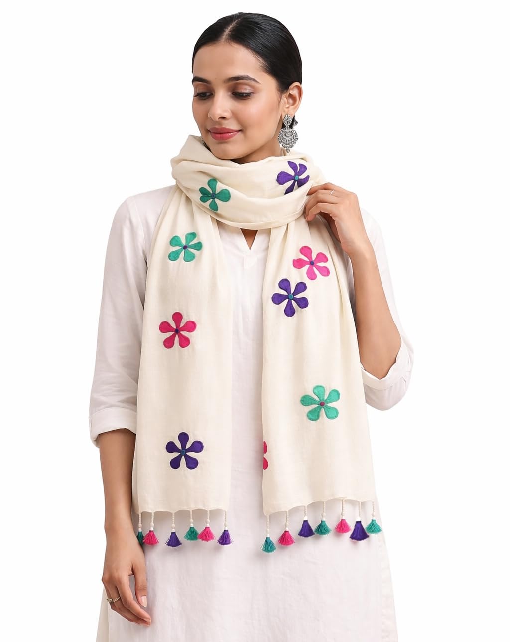 aesthetics label Handloom Khadi Cotton off white Stole with Floral Applique patch Work & Multicolor Tassels – Lightweight & Eco-Friendly Dupatta for Women-picture-46