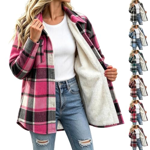 fartey Lined Plaid Jacket Women Flannel Fleece Shacket Button Down Outfit - image 1