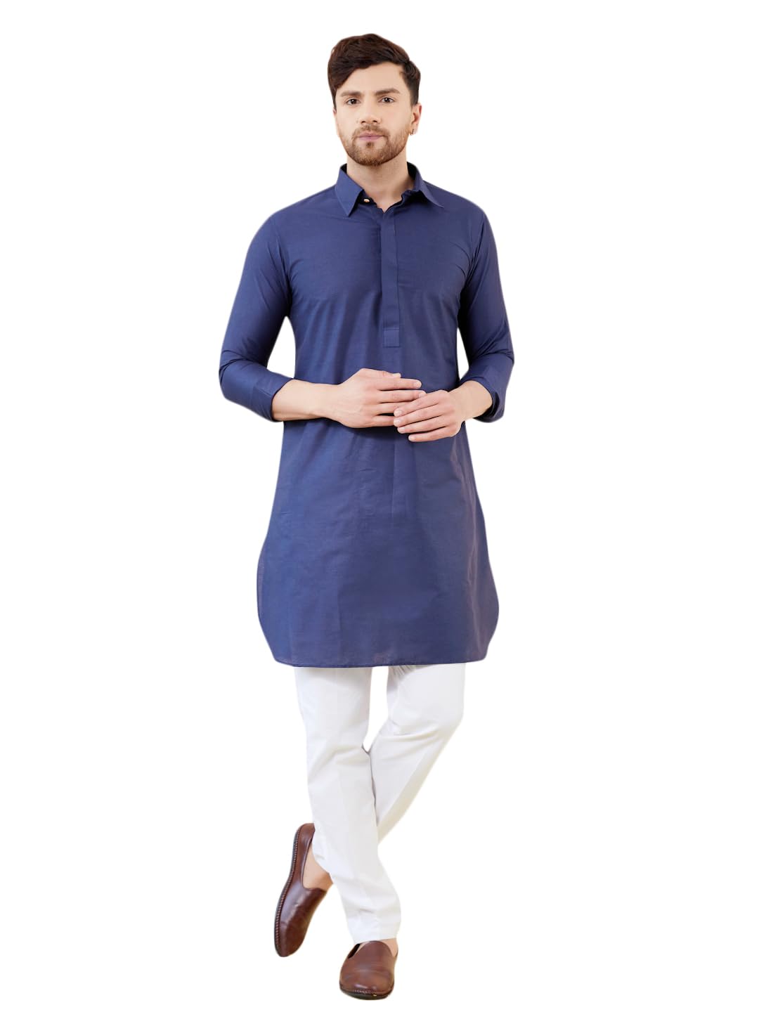 See Designs Men Navy Blue Cotton Solid Spread Collar Curved Hem Side Slit Full Sleeve Pathani Kurta With Pyjama - Bnrskt61301L