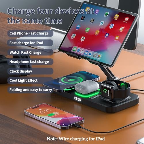 Image of Wireless Charger for Apple Multiple Devices, Charging Station with Clock &7 Color Ambient Light, Foldable Rotate Stand for iPad, for iPhone16 /15 /14, for Apple Watch10 /9 AirPods4 (Adapter Not Included)