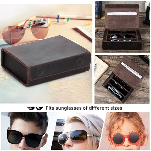 Image of CONTACTS Genuine Leather Sunglasses Travel Case Hard Eyeglasses Box Vintage Eyewear Holder Travel Accessories