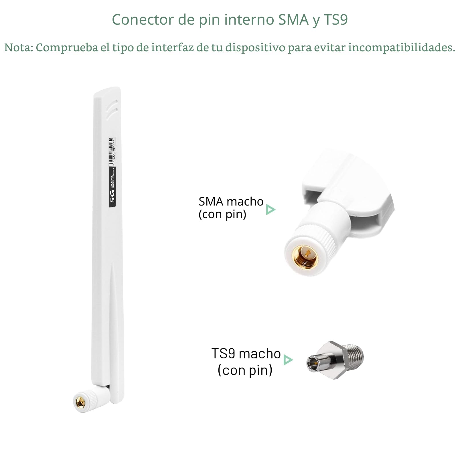 Antena 5G LTE 18DBI RP-SMA/TS9 Macho Omni-Directional Mimo Antenna WiFi Alta Ganancia Amplificador,3G/4G/5G/GSM/GPRS,600-6000MHz,para Routers Inalámbricos,PCI,Monitores de Cámara,Extensores (Blanco)