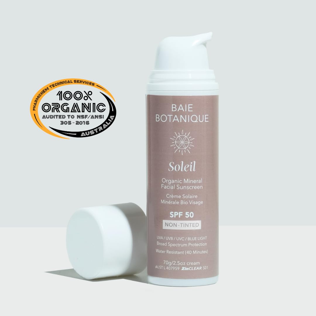 NEW SIZE - Baie Botanique Soleil Organic Facial Sunscreen SPF 50 - Chemical Filter Free Hyaluronic Acid & Vitamin C Sunscreen for Face Natural Vegan No White Cast Non Toxic UVA/UVB Protection 70g - Image 2