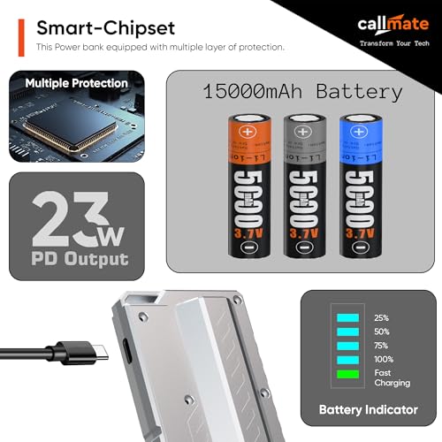 Image of Callmate Shotgun 23W PD Fast Charging 15000mAh Power Bank with USB-C PD Output, Lightweight & Portable, Replaceable Cells with 3X 5000mAh for Smartphone (Lithium-Ion, 3X 5000mAh)