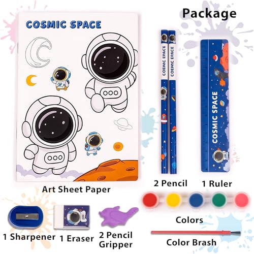 Image of WISHKEY 48 Painting Cards Book Stationery Kit for Kids Pack of 1 Coloring Sheets 6 Watercolors 1 Brush 2 Pencils 1 Ruler 1 Sharpener 1 Eraser Creative Return Gift for Birthday Boys Girls Age 3+