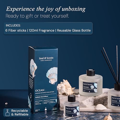 Soul & Scents Glass 120ml Ocean Reed Diffuser Set | Free 6 Fiber Reed Sticks | Stress Relief & Aromatherapy | Long-Lasting, Smoke-Free Air Freshener for Home, Bedroom & Office | Ideal for Gifting