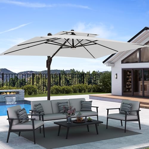 Image of 9' X 12' Patio Umbrella with LED Lights Outdoor Cantilever Large Rectangle Offset Umbrellas Heavy Duty Aluminum Double Top with 360-degree Rotation for Pool Garden Deck, Fog Grey