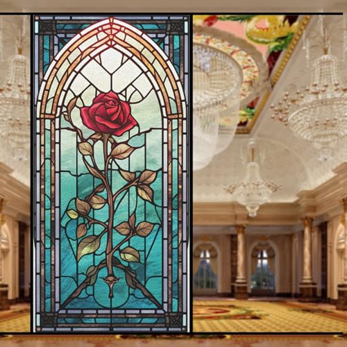 窓フィルム ステンドグラス 薔薇柄 目隠しシート レトロ めかくしシート 教会の様式 剥がせる 暑さ対策 遮光 紫外線カット すりガラス風 おしゃれ 装飾 ガラスシール 水だけで貼れる 欧米風 教会 寝室 お風呂