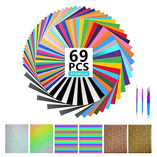 Lvoess HTV Heat Transfer Vinyl Bundle, 69 Pack 12" x 10" Iron on Vinyl Sheets with 3 Pcs Weeding Tools Set, Easy Cut & Weed, for Heat Press Design T-Shirts, Silhouette Cameo or Heat Press Machine
