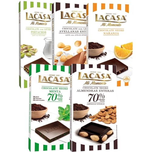 Lacasa pack 5 tabletas de chocolate:leche avellanas, naranja chocolate negro,leche pistacho 90g, menta y chocolate, almendra 200g