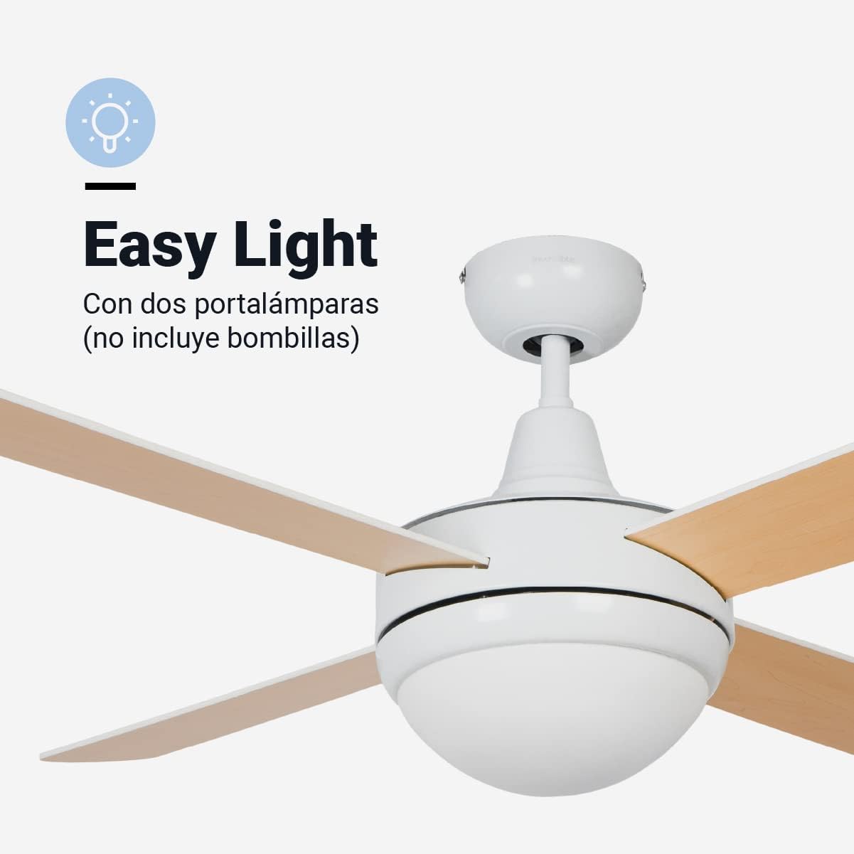 UNIVERSALBLUE Ventilador de Techo Blanco Silencioso con Luz | Ventilador Aspas Reversibles Blanco Madera | Motor Eficiente | Mando a Distancia Control Remoto | Temporizador | Diámetro 106 cm