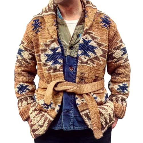 Men Cardigan Trend Jacquard Men Knitted Jacket Slim Fit Lapels Men Sweater Jacket Long Sleeve Men Casual Jacket with Waist Belt A-Brown M