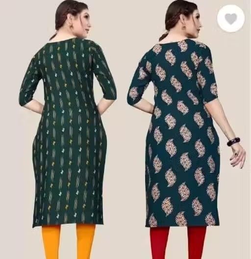 Image of Women's Printed Crepe Straight Kurta, Traditional Indian Style, 3 /4 Sleeve,with Ethnic Motifs, Pack of 2