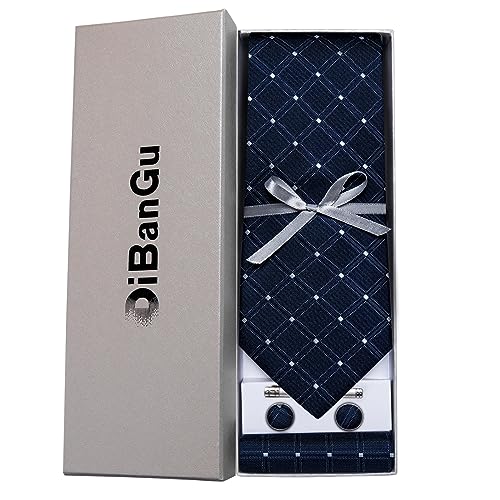 Image of DiBanGu Plaid Ties for Men Silk Checkered Necktie and Pocket Square Cufflinks Tie Clip Set with Gift Box for Wedding Business
