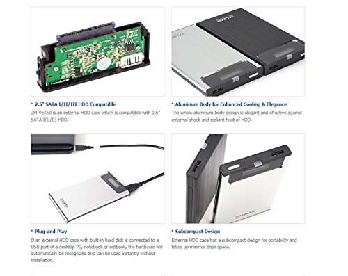 Diagram illustrating key features of the Zalman ZM-VE350: 2.5 inch SATA compatibility, aluminum body, plug-and-play functionality, and subcompact design.
