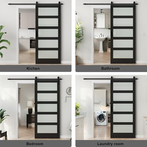 Image of 48 inchx84 inch Frosted Glass Barn Door with 8FT Sliding Hardware & Handle, Black | Pre-Drill Holes Barn door for Easy Assembly, Solid Wood Sliding Barn Door with Excellent Privacy Protection & Sound Reduction