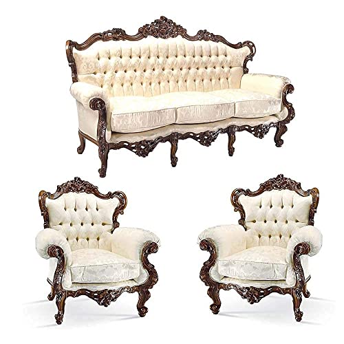 Image of Royal Carved Wooden Sofa Set | 3+1+1 Seater | Antique with Button Tufted Velvet Upholstery | Victorian Style Living Room Furniture Tufted Sofa Set Grey 3-Piece (Design 7)