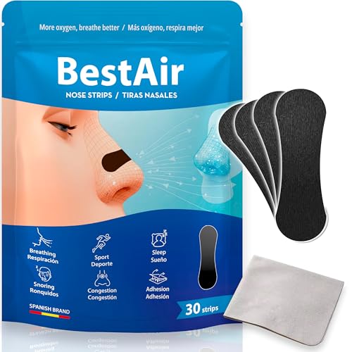 Cerotti nasali antirussamento BESTAIR – Dilatatori nasali e cerotti per dormire e fare sport – Riducono il russare, alleviano la congestione e migliorano la respirazione – 30 cerotti extra forti