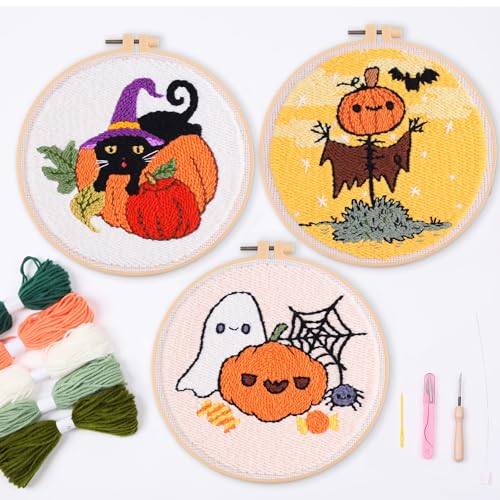 Image of Harimauu Harimau 3P Punch Needle Embroidery Starter Kits for Beginner Kids,Punch Needle Fabric with Pattern,Threader, Yarns,Pinch Needle, Embroidery Hoops & Rug Punch (Yellow)